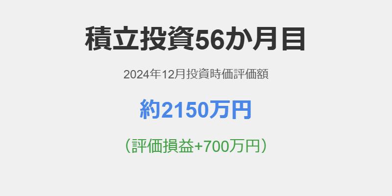 積立投資56か月目！2024年12月投資時価評価額約2150万円（評価損益+700万円）